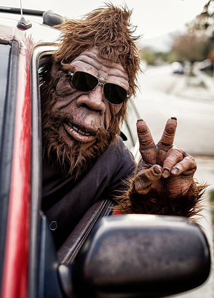 sasquatch road trip - monkey mask animal ape stock-fotos und bilder