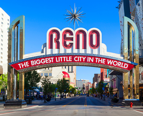 Reno, USA - June 17, 2012: The Reno Arch in Reno, Nevada. The original arch was built in 1926 to commemorate the completion of the Lincoln and Victory Highways.