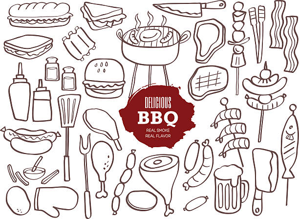 illustrazioni stock, clip art, cartoni animati e icone di tendenza di serie di schizzi per il barbecue - steak chef cooking meat