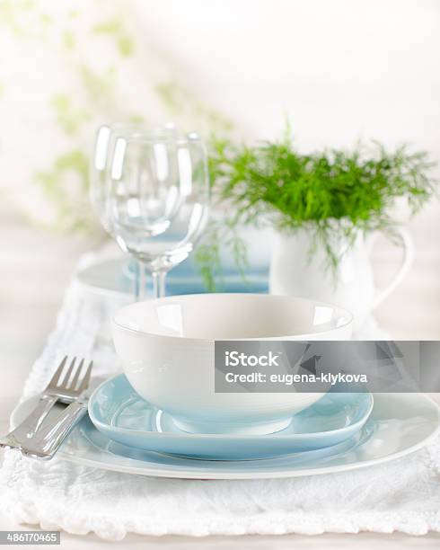 Romantic Table Set Up For Two Stock Photo - Download Image Now - Arrangement, Blue, Crockery