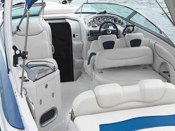 istock Steering wheel command pilot place on a luxury yacht 486173076
