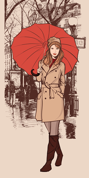 Woman with a red umbrella smiling in a street of Paris - vector illustration