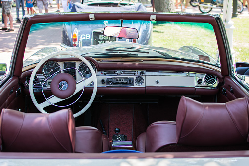 Subotica,Serbia -July 05,2015:Mercedes SL280 from 1971 on public Annual oldtimer car show Subotica 2015.Various vintage cars and motorcycles,30 years old and more.In organization of Oldtimer Club Subotica. The car was restored to the last screw.  