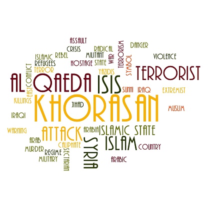 KHORASAN, ISIS and Al Qaeda word cloud on white background.