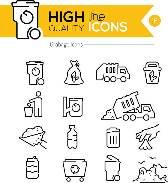 ilustraciones, imágenes clip art, dibujos animados e iconos de stock de iconos de línea de la basura - camion de basura