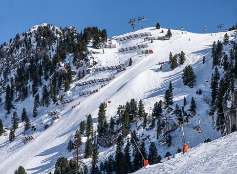 Harakiri ski piste. The steepest groomed slope in Austrian Alps, called Harakiri, in Mayrhofen ski resort.