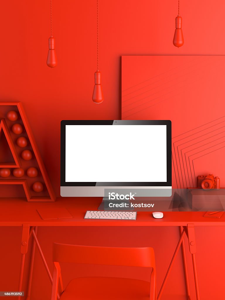 Abstract red modern workspace. 3d rendering Abstract red modern workspace with blank computer screen. 3d rendering Template Stock Photo