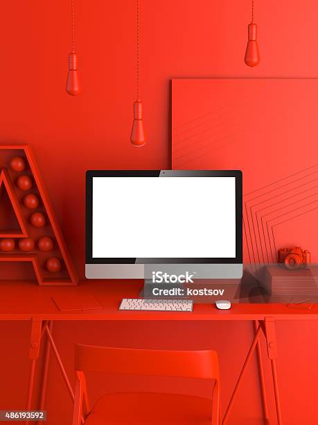 Abstract Red Modern Workspace 3d Rendering Stock Photo - Download Image Now - Template, Laptop, 2015