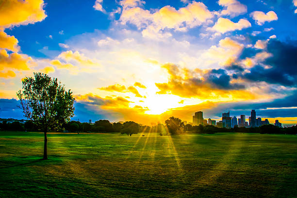 An aerial shot of a setting sun on a warm evening in Houston, Texas.