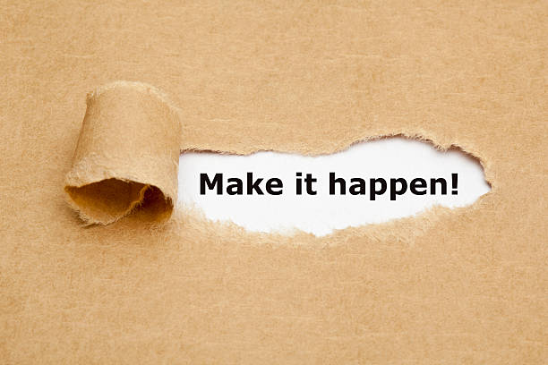 Make it happen Torn Paper Make it happen! appearing behind torn brown paper. initiative photos stock pictures, royalty-free photos & images