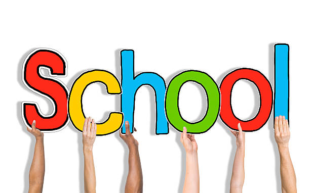 istock Multiethnic Group of Hands Holding Word School 486203044