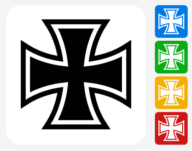 Iron Cross Icon Flat Graphic Design Iron Cross Icon. This 100% royalty free vector illustration features the main icon pictured in black inside a white square. The alternative color options in blue, green, yellow and red are on the right of the icon and are arranged in a vertical column. iron cross stock illustrations