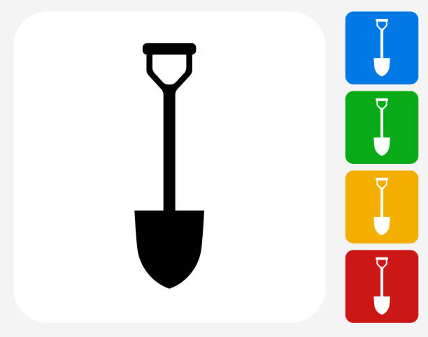 Shovel Icon Flat Graphic Design Shovel Icon. This 100% royalty free vector illustration features the main icon pictured in black inside a white square. The alternative color options in blue, green, yellow and red are on the right of the icon and are arranged in a vertical column. shovel stock illustrations