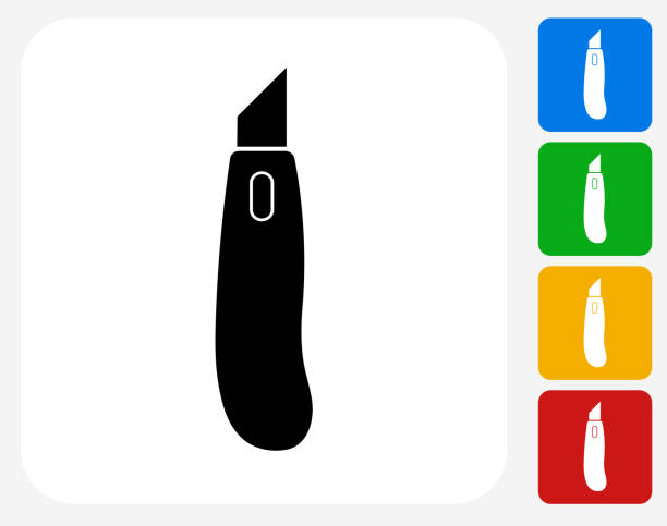 Box Cutter Knife Icon Flat Graphic Design Box Cutter Knife Icon. This 100% royalty free vector illustration features the main icon pictured in black inside a white square. The alternative color options in blue, green, yellow and red are on the right of the icon and are arranged in a vertical column. box cutter knife stock illustrations