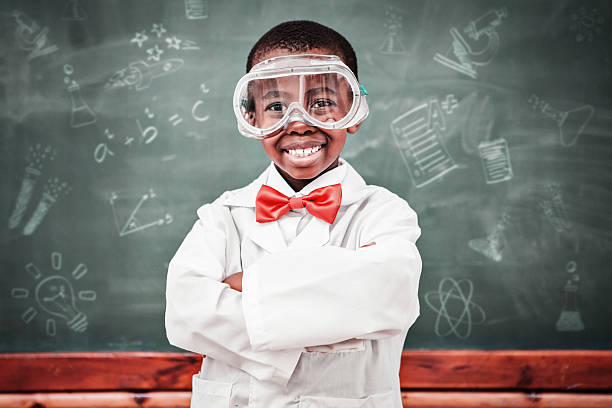 Composite image of school doodles School doodles against chemistry pupil smiling at camera with arms crossed  biochemist photos stock pictures, royalty-free photos & images