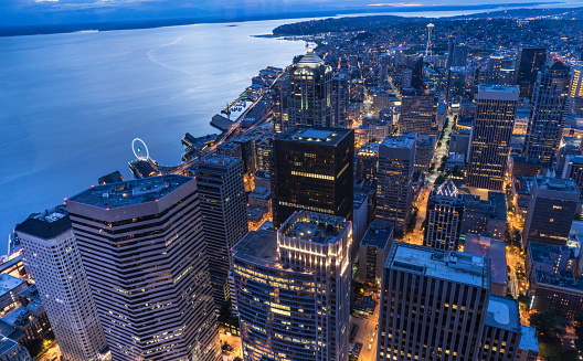 Aerial view of the Seattle city skyline at night
