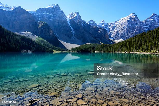 Moraine Lake On A Midsummer Morning Stock Photo - Download Image Now - Rocky Mountains - North America, Alberta, Summer