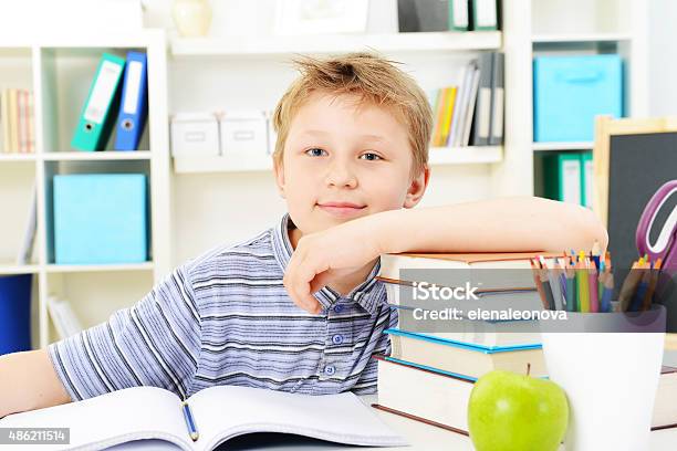 Schoolboy Does His Homework Stock Photo - Download Image Now - 10-11 Years, 2015, Adolescence