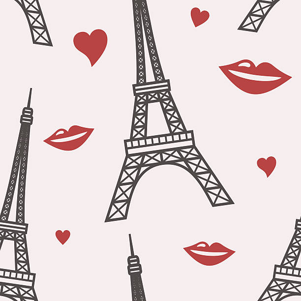 eif vector seamless pattern with hearts background and Eifel Tower paris red lips stock illustrations