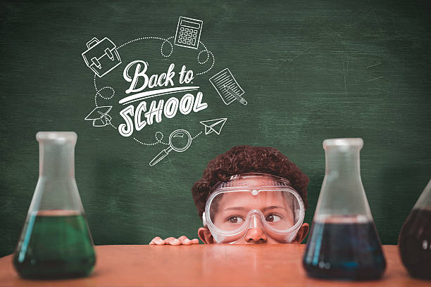 istock Composite image of cute pupil dressed up as scientist 486217400