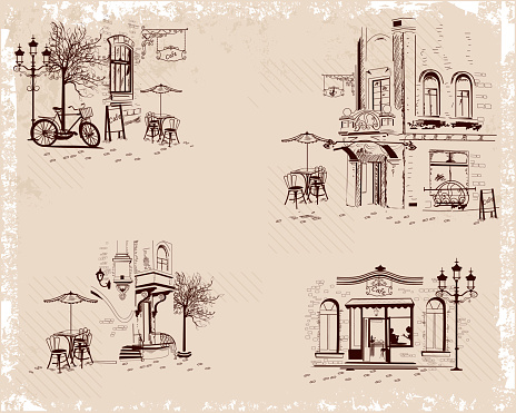 Series of backgrounds decorated with old town views and street cafes. Hand drawn Vector Illustration. 
