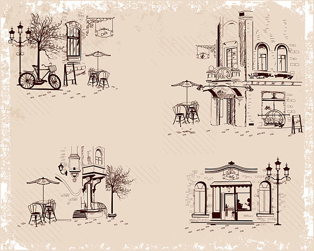 Old town views and street cafes. Series of backgrounds decorated with old town views and street cafes. Hand drawn Vector Illustration.  cafe illustrations stock illustrations