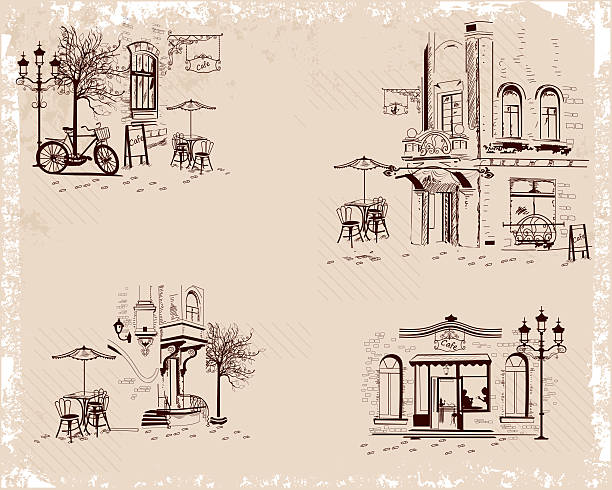 Old town views and street cafes. Series of backgrounds decorated with old town views and street cafes. Hand drawn Vector Illustration. house outside drawings stock illustrations