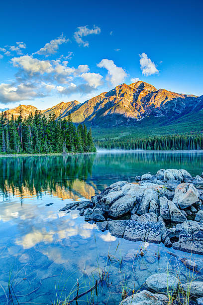 ピラミッド型の湖の日の出 - jasper national park ストックフォトと画像