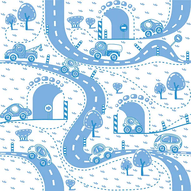 Vector illustration of Cars on the road. Seamless pattern.