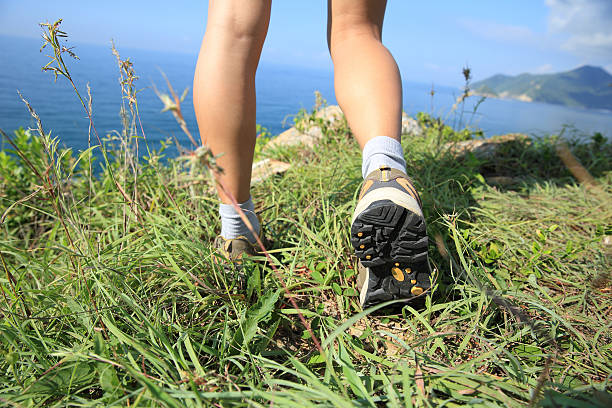 istock woman hiker legs hiking on seaside mountain grass 486230372