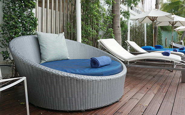 istock Blue and white stripe cushion on blue beach bed 486230868