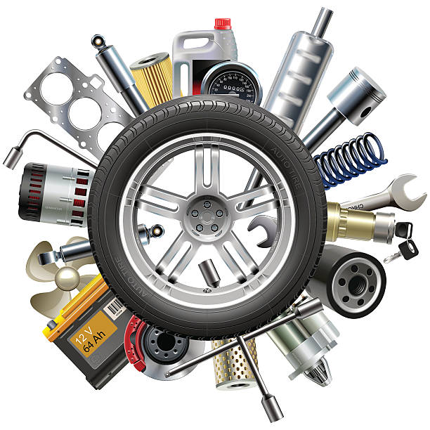 Vector Car Spares Concept with Wheel Vector car spares, including brake disk, canister, filter, starter, wrench, spring and other, around the wheel, isolated on white background tire vehicle part stock illustrations