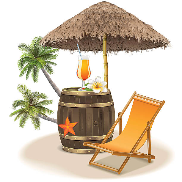 Vector Beach Bar Concept Vector beach bar concept with wooden barrel, parasol, palm tree and desk chair, isolated on white background beach bar stock illustrations