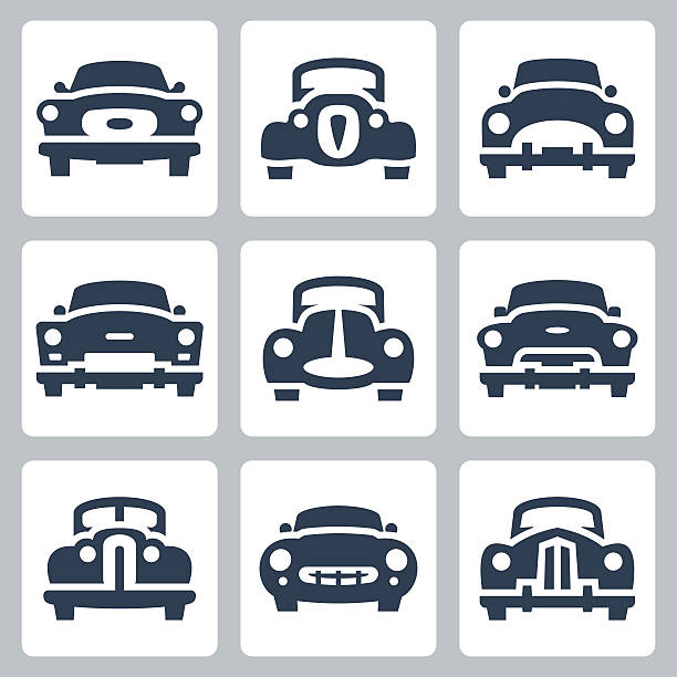 ilustraciones, imágenes clip art, dibujos animados e iconos de stock de vector conjunto de iconos de viejos coches, vista de frente - bólido