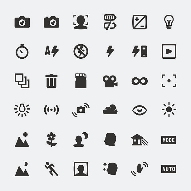ilustraciones, imágenes clip art, dibujos animados e iconos de stock de funciones vector conjunto de iconos de cámara en miniatura - flash menu flash