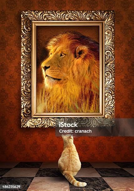 Cat Looking At A Portrait Of Lion In Golden Frame Stock Photo - Download Image Now - Lion - Feline, Domestic Cat, Painting - Art Product