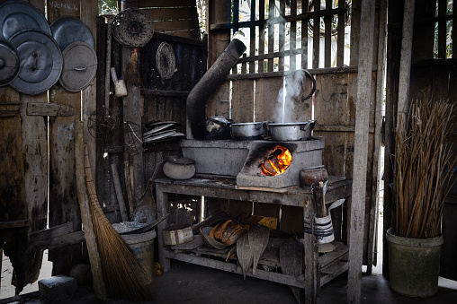 This is the Traditional Kitchen using wood for burning in Ben Tre province, MeKong delta, Viet Nam