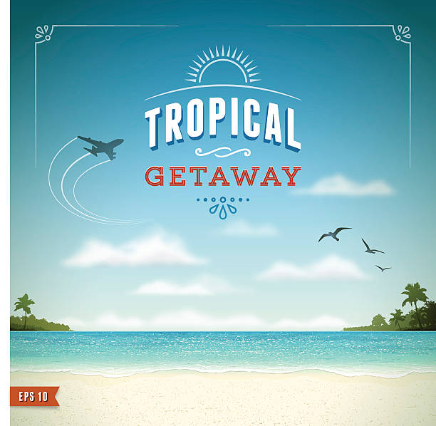 Tropical Beach Background Tropical vacation background.Eps 10 file with transparencies.File is layered with global colors.Only gradients and blur(clouds) used.Hi res jpeg without text included.More works like this linked below. airplane silhouettes stock illustrations