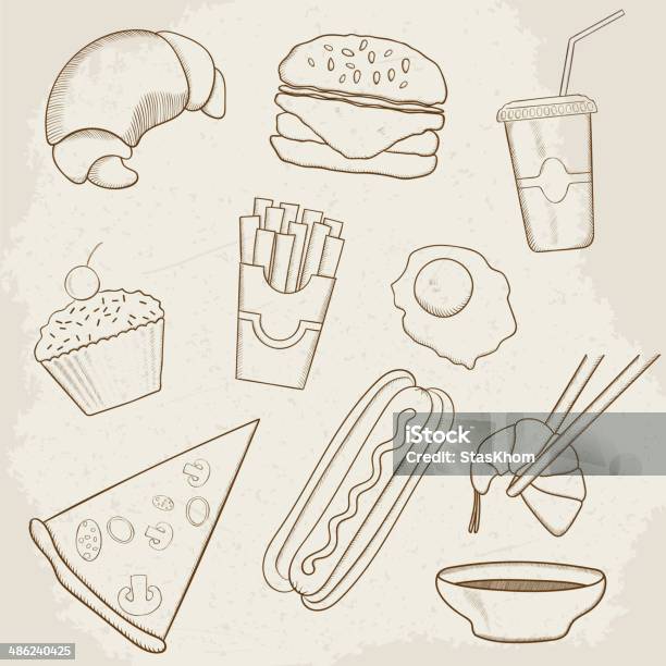 Ilustración de Comida Y Bebida Vector De Iconos Dibujados A Mano y más Vectores Libres de Derechos de Alimento - Alimento, Alimentos cocinados, Bebida