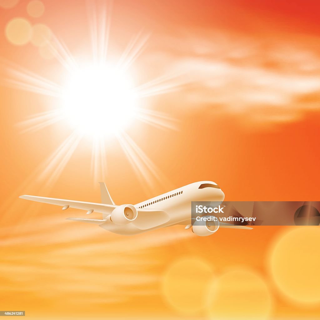 Flugzeug in den Himmel mit Sonne im Sonnenuntergang. - Lizenzfrei Abenddämmerung Vektorgrafik