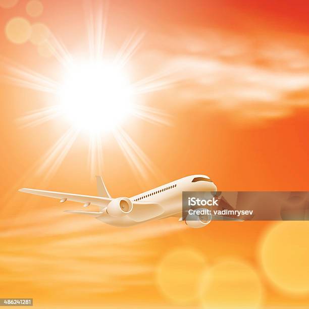 Flugzeug In Den Himmel Mit Sonne Im Sonnenuntergang Stock Vektor Art und mehr Bilder von Abenddämmerung