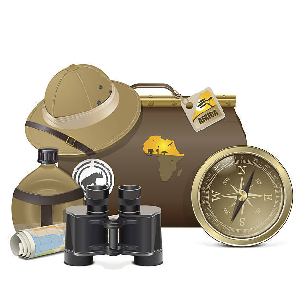 illustrations, cliparts, dessins animés et icônes de vector accessoires concept safari - discovery binoculars boy scout searching