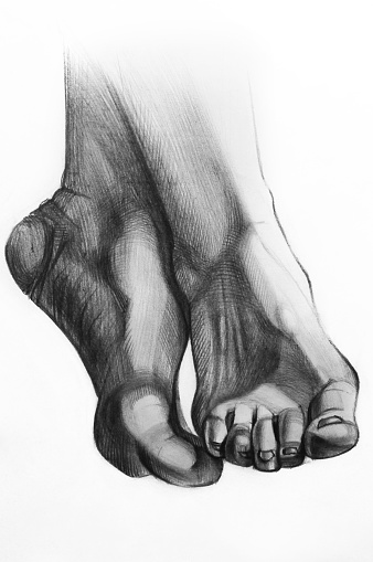 Feet. Sketch by hand, graphic in sketchbook. Simple pencil, white paper. Classical art, a practical lesson on drawing.