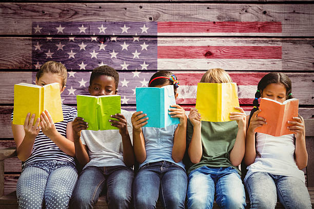 Composite image of children reading books at park