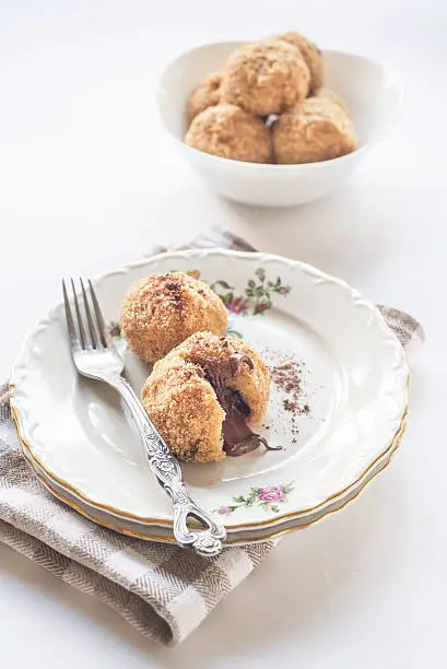 Served homemade dumplings stuffed with sweet nougat cream,selective focus