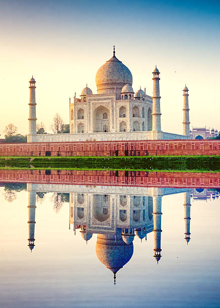 Panoramic image of the Taj Mahal as seen from Yamuna River, Agra. India.
