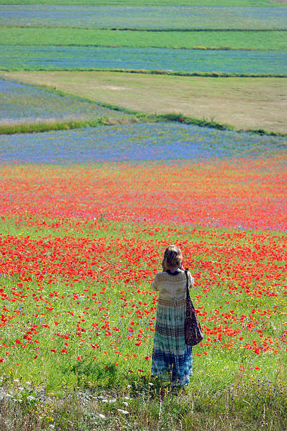 photographe en robe longue bleu-vert près de castelluccio, italie - natural landmark outdoors vertical saturated color photos et images de collection