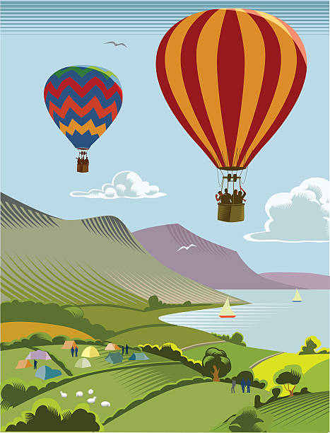 heißluftballons über schöne landschaft - hot air balloon illustrations stock-grafiken, -clipart, -cartoons und -symbole