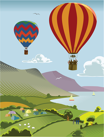 Hot air balloon scene in crosshatch style. Eps 10 file, freehand, CS3 and CS5 in the zip file