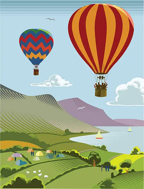 Vector illustration of Hot air balloons over countryside